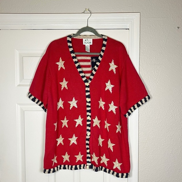 The Quacker Factory QVC Cardigan Sweater LARGE USA Patriotic Stars Fireworks VTG - Picture 1 of 10